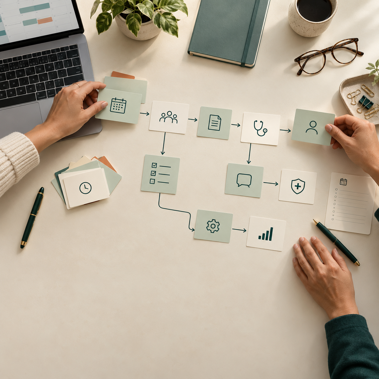 Illustrative overhead view of practice administrators mapping connected workflow steps