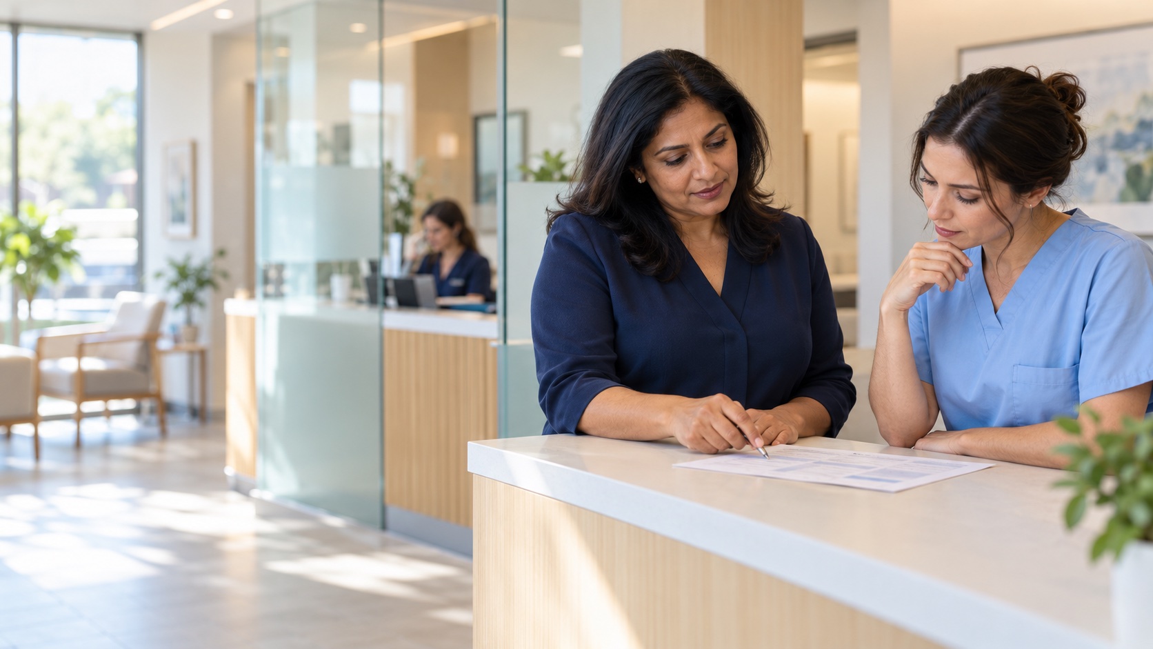 Illustrative scene of practice colleagues reviewing a workflow together at a medical office reception desk.