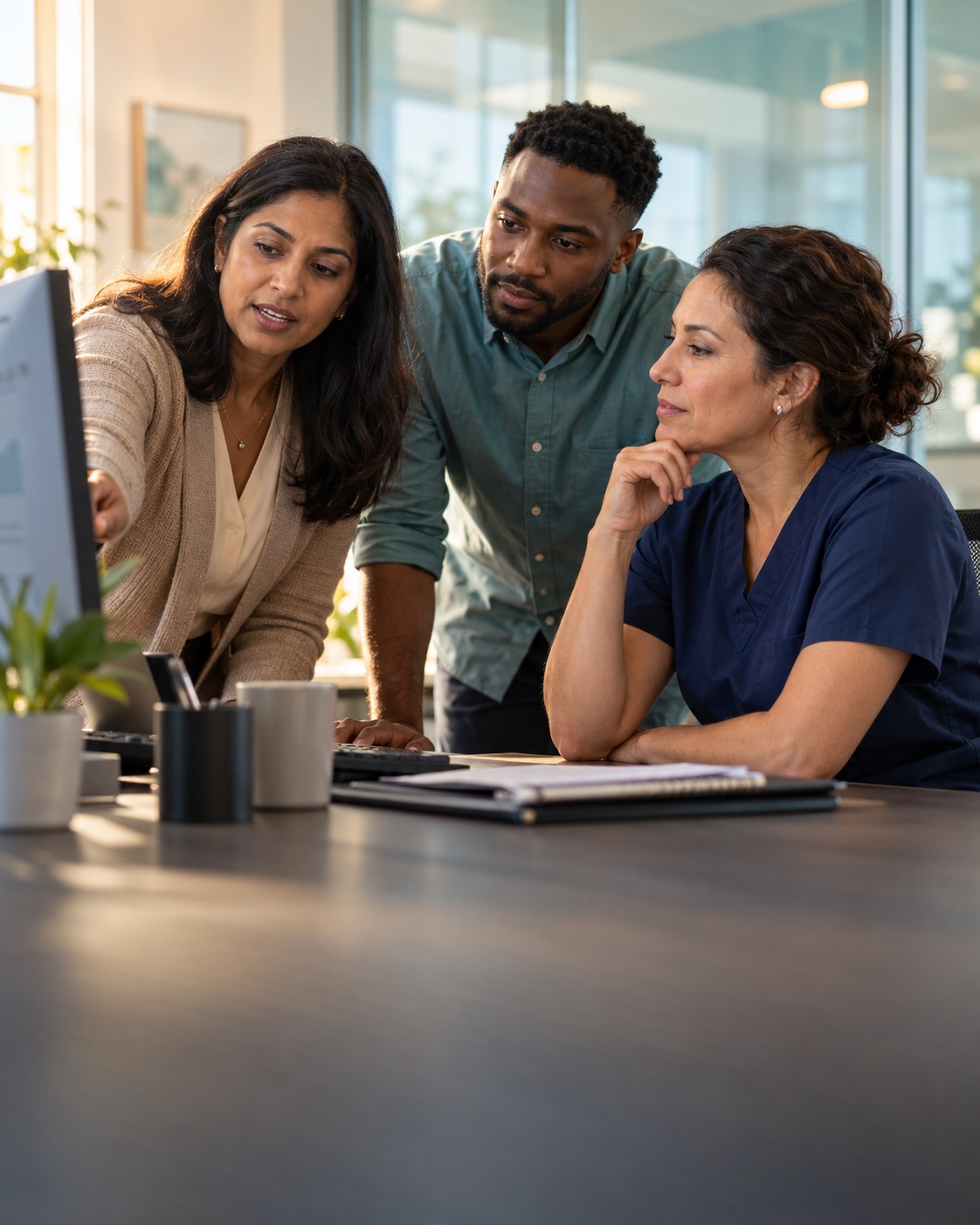 Illustrative scene of healthcare operations staff working together
