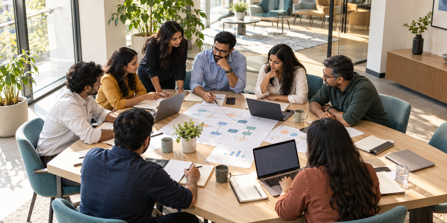 AI-generated illustrative overhead view of a healthcare operations team collaborating around a workflow table